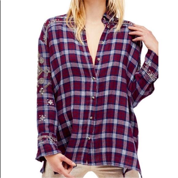 FP FREE PEOPLE Silver Sequin Bead Oversized Red Flannel Plaid Button Shirt XS - Picture 16 of 16